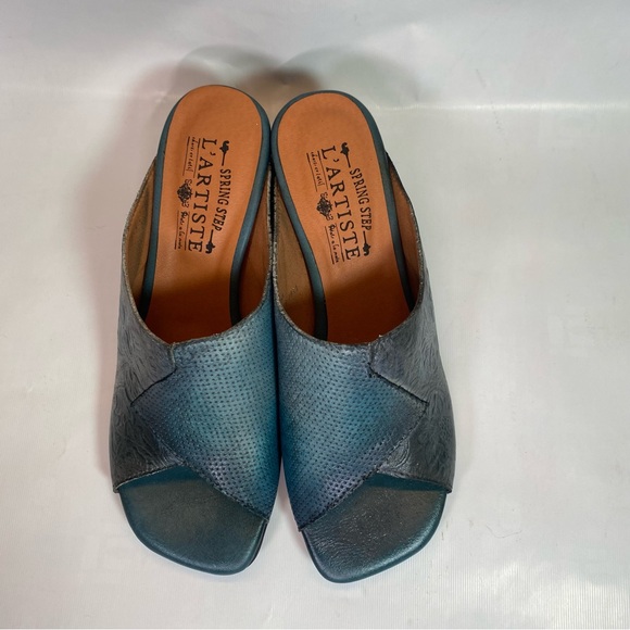 L’ARTISTE Tonalna Blu Leather Blue Sandals Block Heel Sandals Size 38 New/Box - Picture 4 of 7